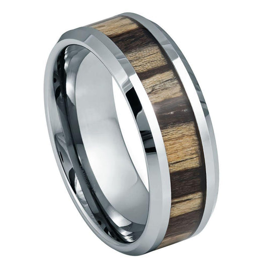 Unplated Zebra Wood Inlay Tungsten Ring - 8mm - Love Tungsten