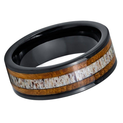Whiskey Barrel & Deer Antler Inlay Black IP Plated Tungsten Ring - 8mm - Love Tungsten