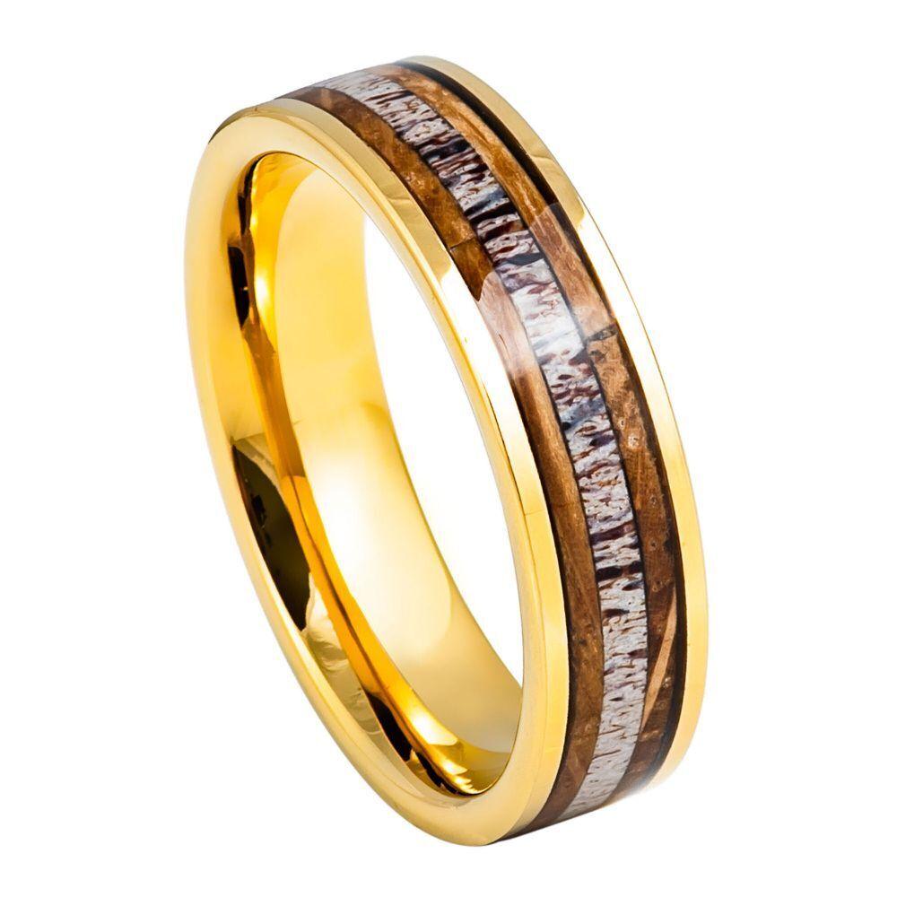 Whiskey Barrel & Deer Antler Inlay Yellow Gold IP Tungsten Ring - 6mm - Love Tungsten