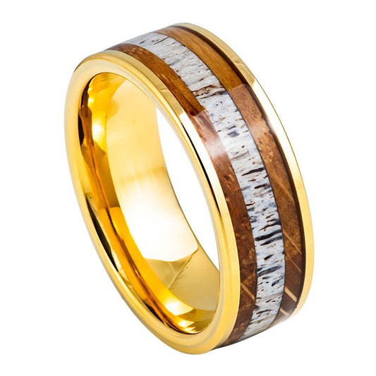 Whiskey Barrel & Deer Antler Inlay Yellow Gold IP Tungsten Ring - 8mm - Love Tungsten
