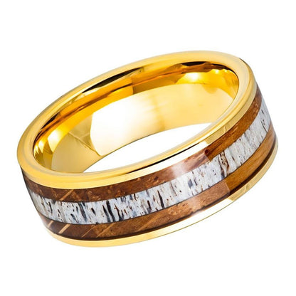 Whiskey Barrel & Deer Antler Inlay Yellow Gold IP Tungsten Ring - 8mm - Love Tungsten