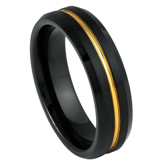 Yellow Gold Grooved Black IP Plated Tungsten Ring - 6mm - Love Tungsten