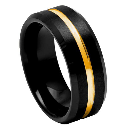 Yellow Gold Grooved Center Black IP Brushed Ring - 8mm - Love Tungsten