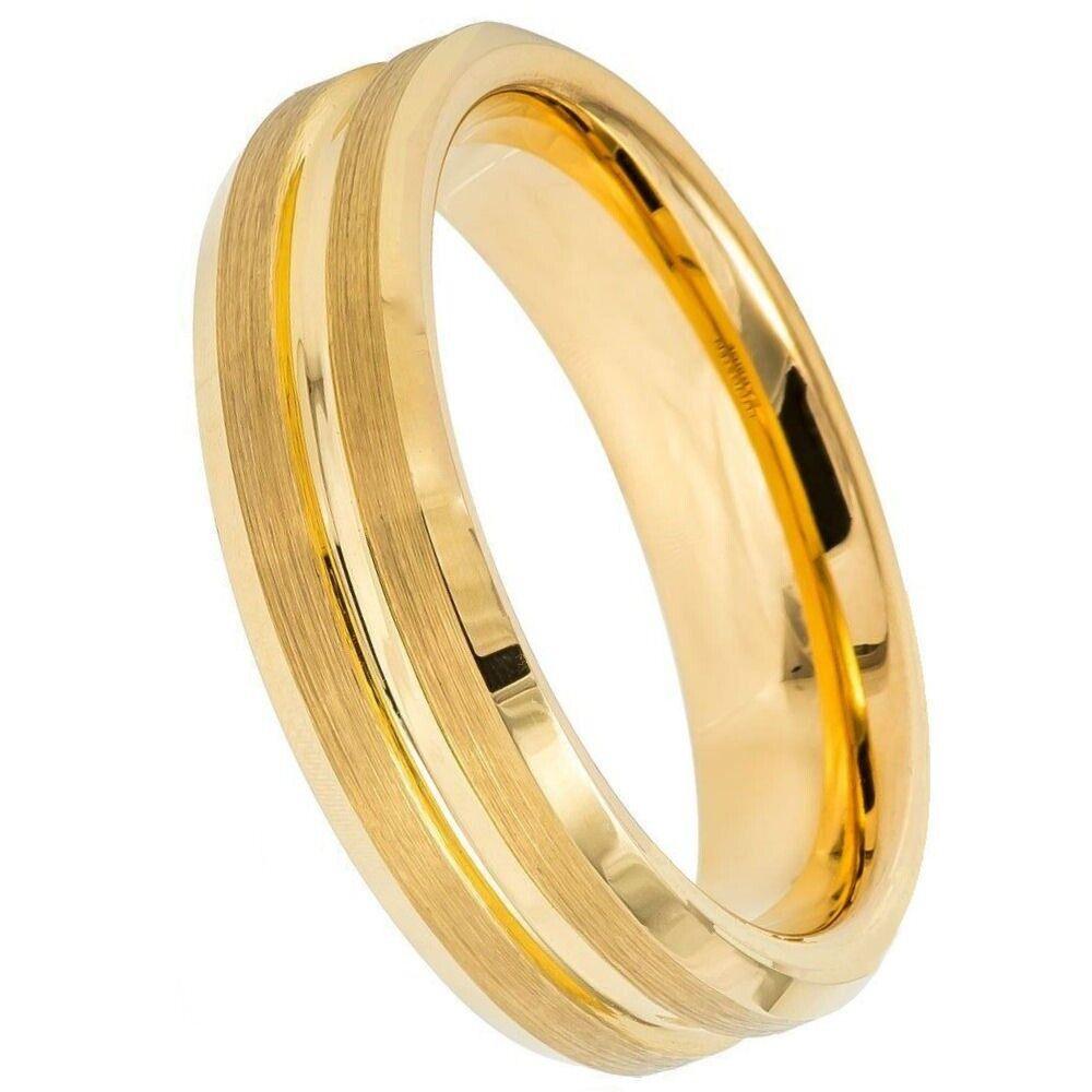 Yellow Gold IP Grooved Center Tungsten Ring - 6mm - Love Tungsten