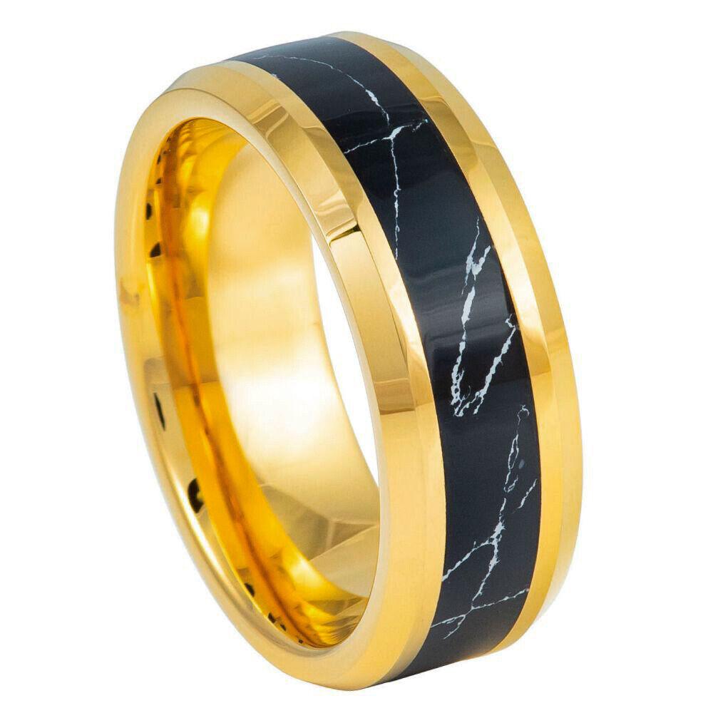 Yellow IP Black Marble Design Turquoise Inlay Tungsten Ring - 8mm - Love Tungsten