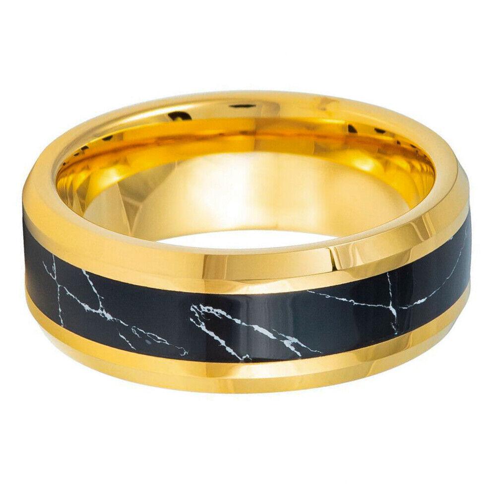 Yellow IP Black Marble Design Turquoise Inlay Tungsten Ring - 8mm - Love Tungsten