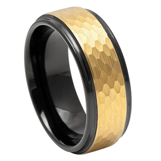 Yellow IP Hammered Center Black IP Stepped Edge Ring - 8mm - Love Tungsten