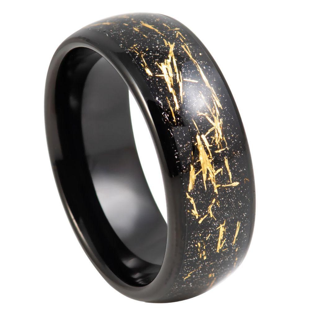 Yellow Meteorite Shavings With Black IP Inlay Domed Tungsten Ring - 8mm - Love Tungsten