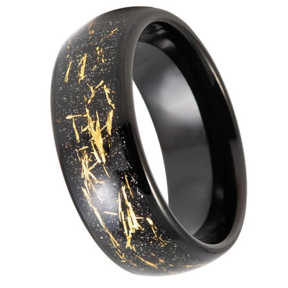 Yellow Meteorite Shavings With Black IP Inlay Domed Tungsten Ring - 8mm - Love Tungsten