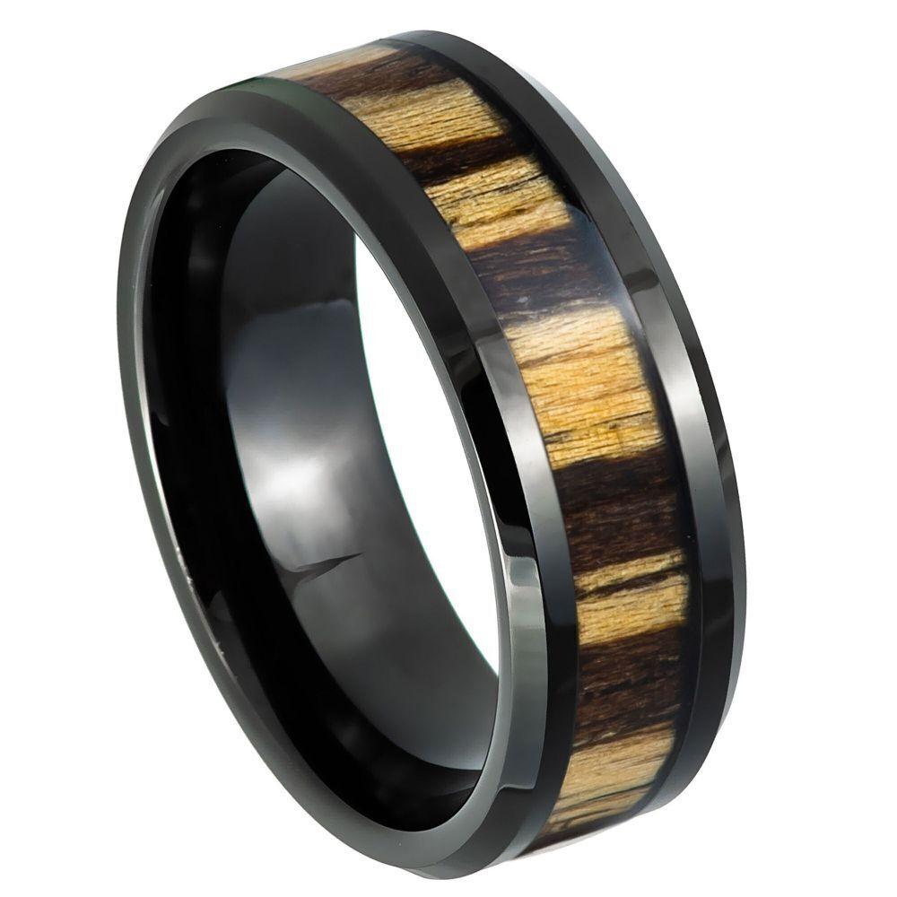 Zebra Wood Inlay Black IP Plated Tungsten Ring - 8mm - Love Tungsten