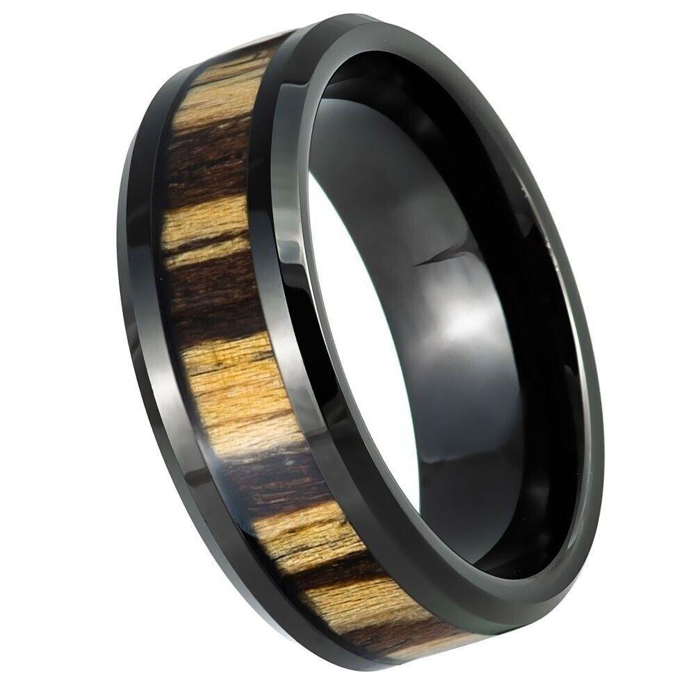 Zebra Wood Inlay Black IP Plated Tungsten Ring - 8mm - Love Tungsten