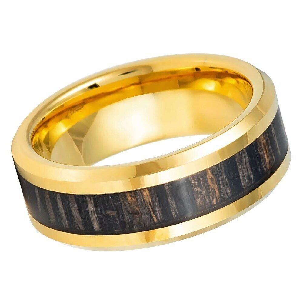 Zebra Wood Inlay Yellow IP Plated Tungsten Ring - 8mm - Love Tungsten